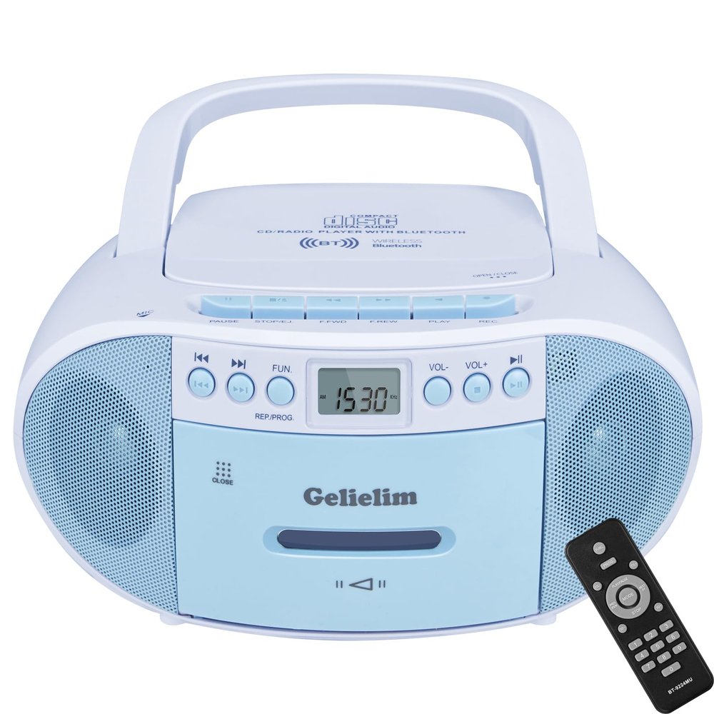 Gelielim Boombox CD and Cassette Player Combo, Boom Box Portable CD Players for Home with Bluetooth, AM FM Radio, Support Remote Control/AUX/USB/Earphone, LCD Display (Blue)