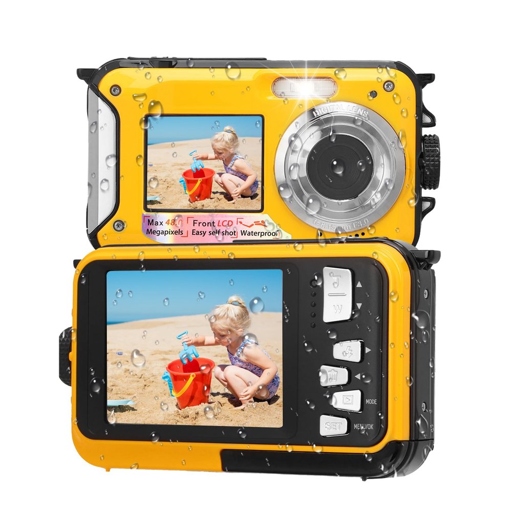 LICAEVEY Underwater Camera, 11FT Camera, Full HD 2.7K 48MP Autofocus Selfie Dual Screen Water Camera with Floating Strap, Fill Light Underwater Camera for Snorkeling (Yellow)
