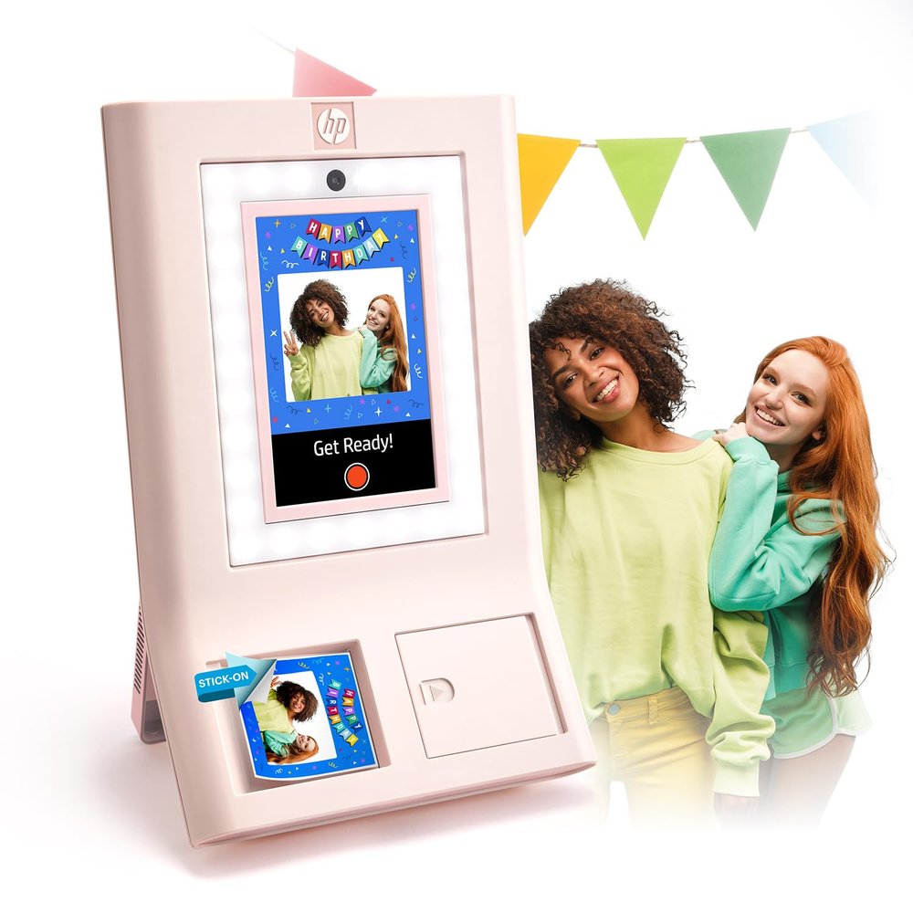 HP Sprocket Photo Booth Machine Instant Color Photo Printer - 10.1" Touchscreen, LED Ring Light - Customize w/250+ Fun Frames, Prints on 3x4 Zink Paper or Share via QR Code, Mobile Notify App - Pink