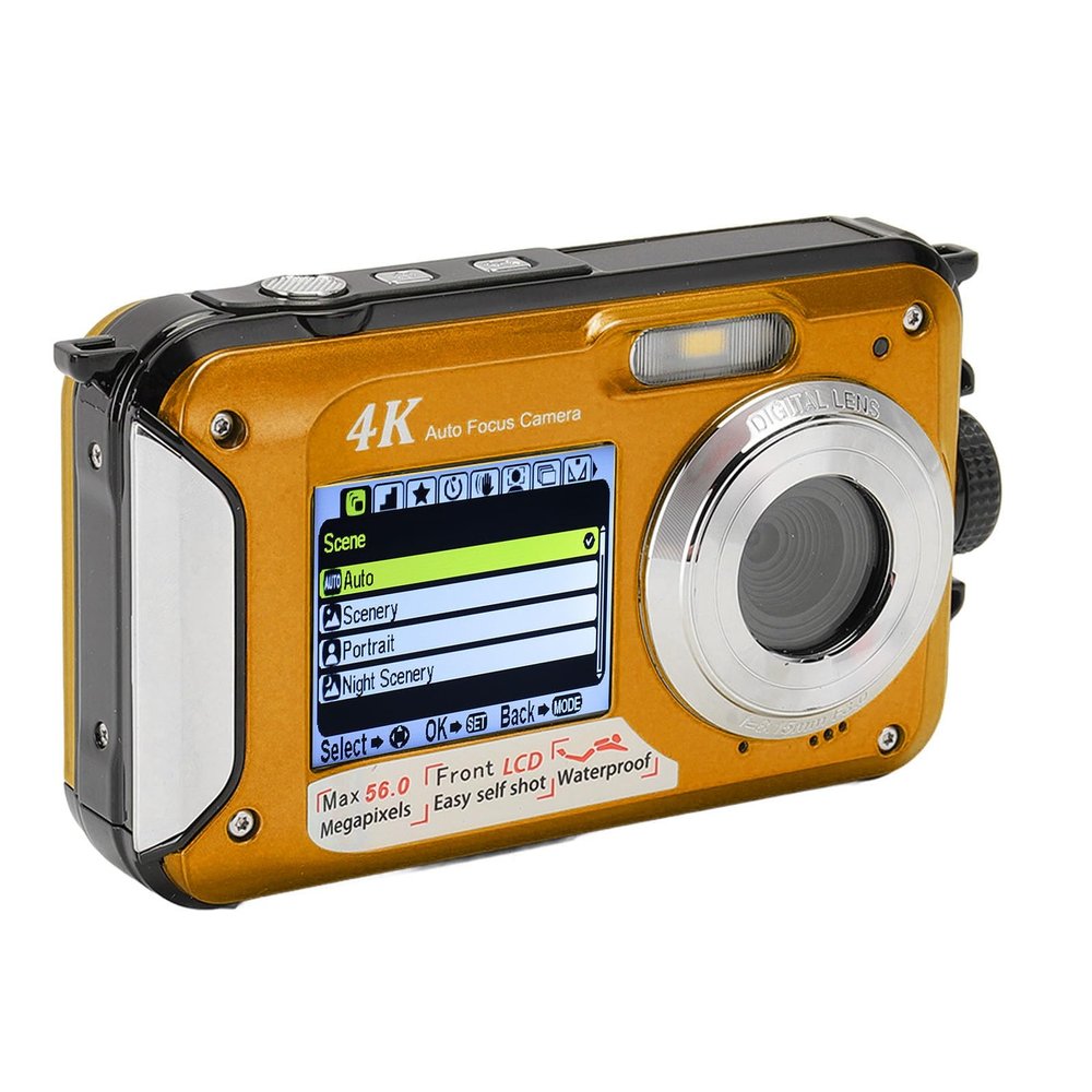 4K 56MP Camera Dual Screen 10ft 16X Digital Zoom Auto Focus 64G Memory Card HD Underwear Camera with USB Cable for Diving (Yellow)