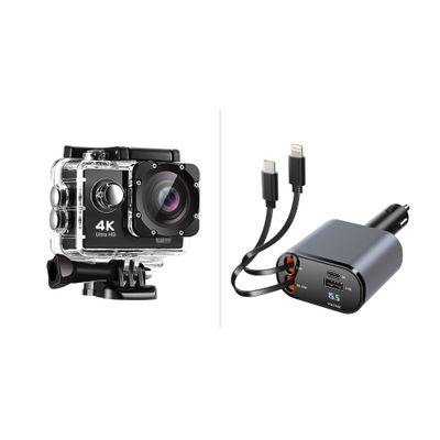 Pro Xtreme 4K Action Camera - Ultra HD Waterproof Camera Video Camera with Wi-Fi, 170 Wide Angle Lens and Multi Charge Pro Car Charger USB C and Lightning Car Charger Fast Charging, 120W 4-Port USB-