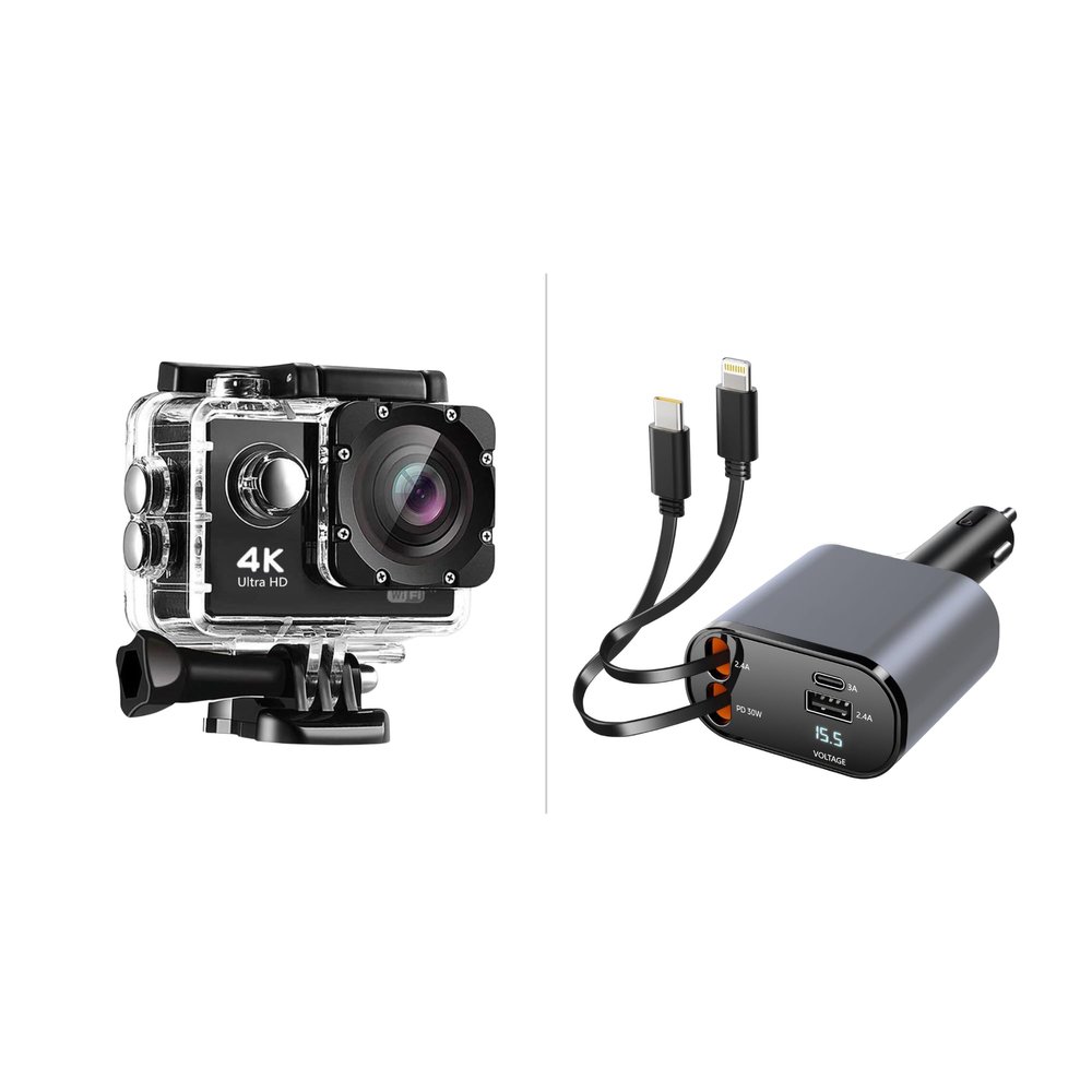 Pro Xtreme 4K Action Camera - Ultra HD Waterproof Camera Video Camera with Wi-Fi, 170 Wide Angle Lens and Multi Charge Pro Car Charger USB C and Lightning Car Charger Fast Charging, 120W 4-Port USB-