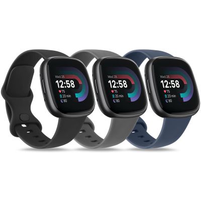 3 PACK Sport Band Compatible with Fitbit Sense 2 / Versa 4, Classic Soft Straps for Fitbit Sense / Versa 3 Smart Watch (Small,Black/Dark Gray/Abyss Blue)
