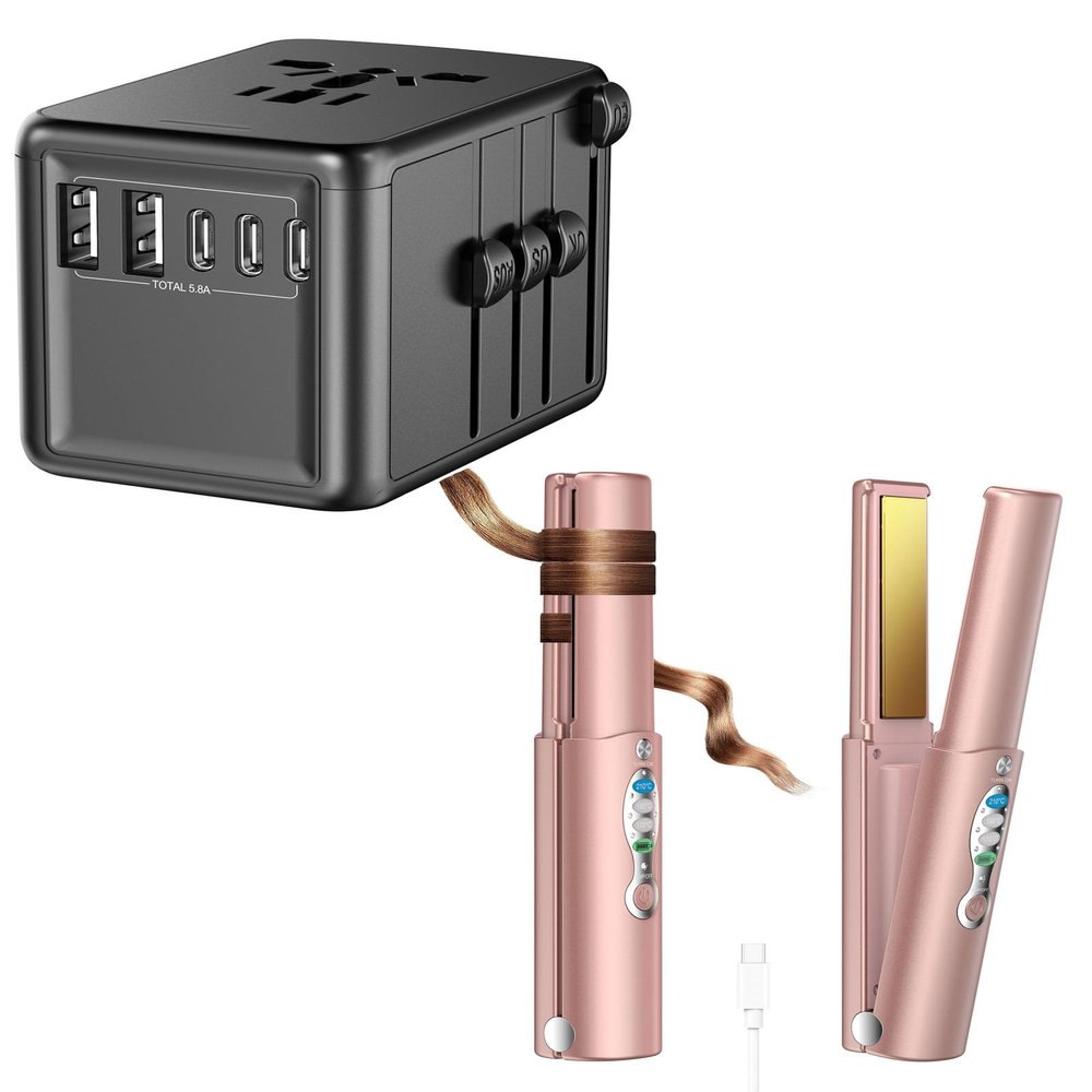 URJD Universal Travel Adapter and Portable Titanium Cordless Hair Straightener for International Travel