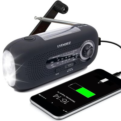 Emergency Crank Weather Radio, Solar Hand Crank Portable AM/FM/NOAA, 3 Mode Flashlight, SOS for Home and Outdoor (Black)