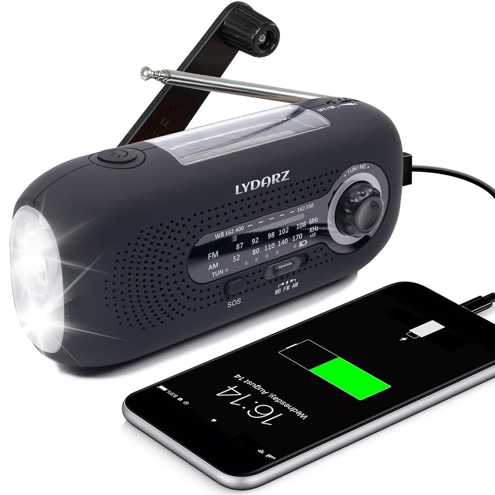 Emergency Crank Weather Radio, Solar Hand Crank Portable AM/FM/NOAA, 3 Mode Flashlight, SOS for Home and Outdoor (Black)