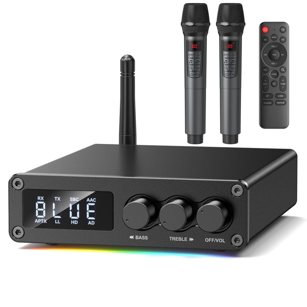 MOREGAX M12 Pro Pre Bluetooth 5.2 Transmitter Receiver for TV,Home Stereo,BT Headset,Low Latency HD Bluetooth Audio Decoder Adapter with Display,RCA,AUX,Coaxial,Optical Inputs/Outputs (M12 Pro 2Mics)