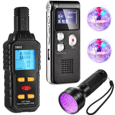 Dunzy 7 Pcs Ghost Hunting Equipment Kit for Paranormal Enthusiasts Includes 8GB Digital Voice Audio Recorder, Emf Meter Detector, 4 Pcs Ghost Hunting Cat Balls, UV Flashlight Set for Entertainment Use