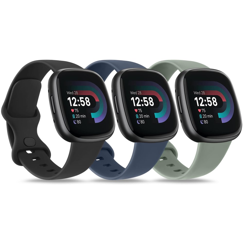 3 PACK Sport Band Compatible with Fitbit Sense 2 / Versa 4, Classic Soft Straps for Fitbit Sense / Versa 3 Smart Watch (Large,Black/Abyss Blue/Avocado Green)