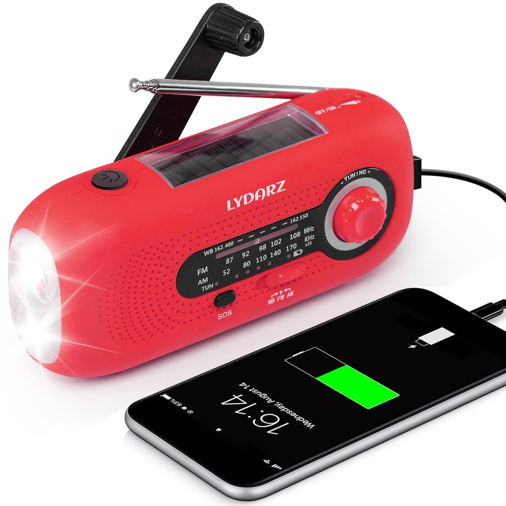 Emergency Crank Weather Radio, Solar Hand Crank Portable AM/FM/NOAA, 3 Mode Flashlight, SOS for Home and Outdoor (Red)
