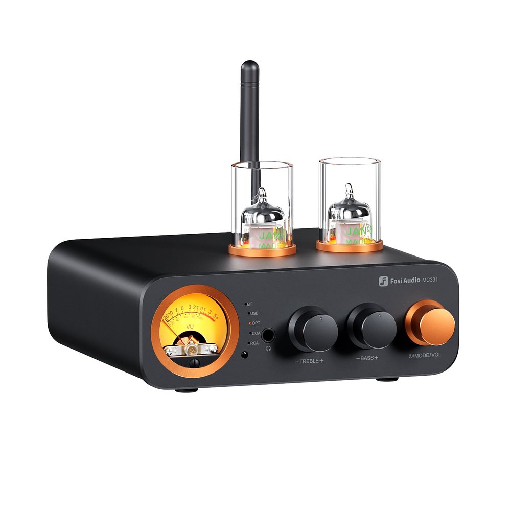 Fosi Audio MC331 Tube Integrated Amplifier with DAC, 2 Channel Home Audio Stereo Power Amp for HiFi Bookshelf Speakers/3.5mm Headphones, Vintage VU Meter Preamp with Bluetooth and USB/Opt/Coax/RCA