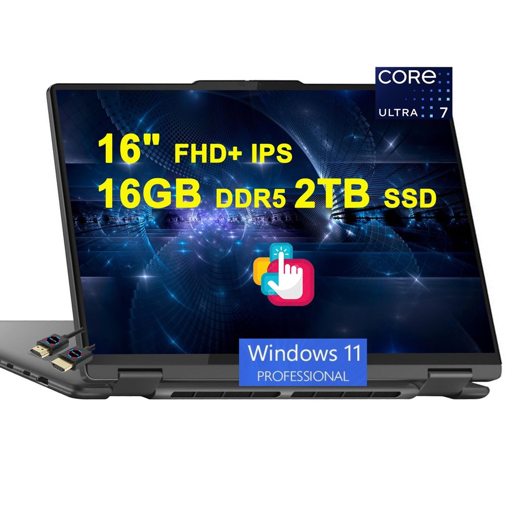 Lenovo Yoga 7 16 2-in-1 AI PC Laptop | 16" FHD+ IPS Touch (Glossy) | Intel 12-core Ultra 7 155U | 16GB DDR5 2TB SSD | Backlit Fingerprint Thunderbolt4 Win11Pro w/DLCA Accessory