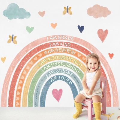Large Rainbow Wall Stickers Kids Inspirational Wall Decal Peel and Stick Boho Rainbow Art Decals for Baby Girls Bedroom Pastel I Am Motivational Art Murals for Nursery Playroom Home Decor 44.5"x73.4"