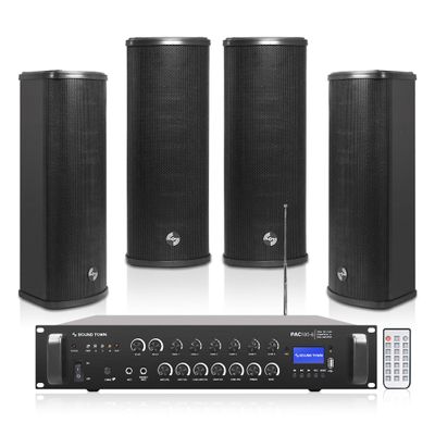 Sound Town Commercial Restaurant Bluetooth Amplifier + Column Speaker Set, with One 6-Zone 70V/100V Amplifier with Bluetooth, 4 x All-Weather Dual 5-Inch Column Speakers, Black (PAC180X4CL25B)
