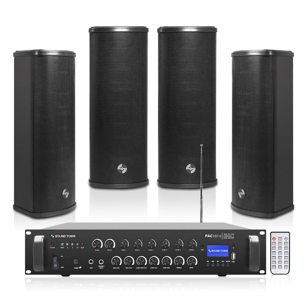 Sound Town Commercial Restaurant Bluetooth Amplifier + Column Speaker Set, with One 6-Zone 70V/100V Amplifier with Bluetooth, 4 x All-Weather Dual 5-Inch Column Speakers, Black (PAC180X4CL25B)