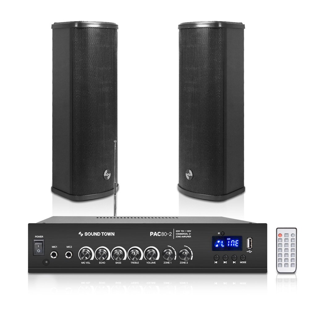 Sound Town Commercial Restaurant Bluetooth Amplifier + Column Speaker Set, with One 2-Zone 70V/100V Amplifier with Bluetooth, 2 x All-Weather Dual 5-Inch Column Speakers, Black (PAC80X2CL25B)