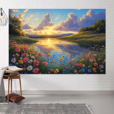 10X8ft Lake Natural Scenery Backdrop Spring Natural Scenery Flowers Landscape Mountain Forest Trees Blue Sky Sunset Photography Background Picnic Camping Hiking Spring Travel Vacation Backdrop
