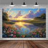 10X8ft Lake Natural Scenery Backdrop Spring Natural Scenery Flowers Landscape Mountain Forest Trees Blue Sky Sunset Photography Background Picnic Camping Hiking Spring Travel Vacation Backdrop view 2