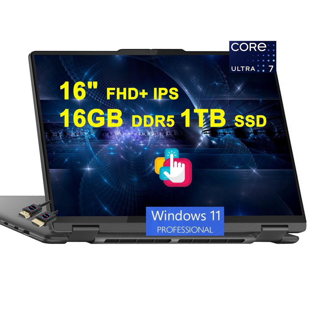 Lenovo Yoga 7 16 2-in-1 AI PC Laptop | 16" FHD+ IPS Touch (Glossy) | Intel 12-core Ultra 7 155U | 16GB DDR5 1TB SSD | Backlit Fingerprint Thunderbolt4 Win11Pro w/DLCA Accessory