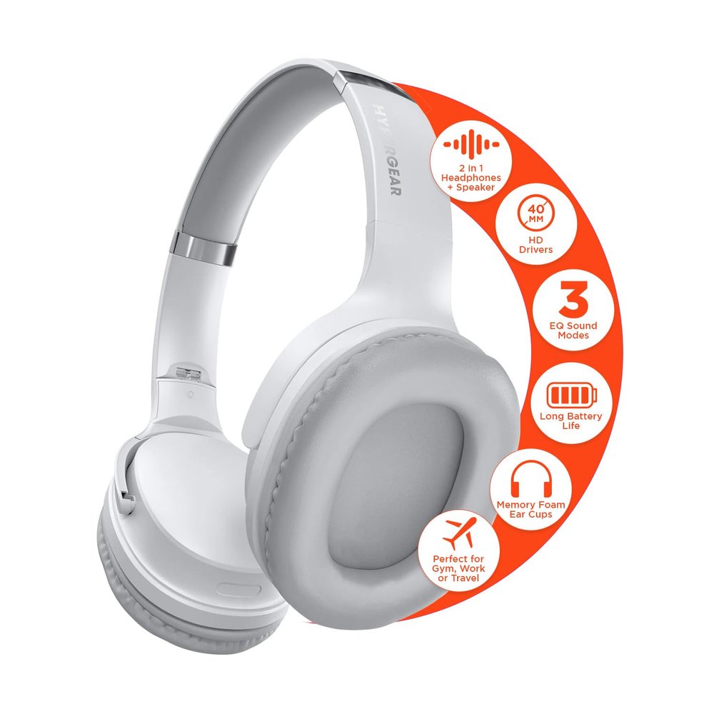 HyperGear White Wireless Headphones - Over Ear Bluetooth Headphones, Over the Ear Noise Cancelling Gym Head Phones Women & Men Wireless Bluetooth Workout Flip Earcups In for Solo, Out for Stereo Music