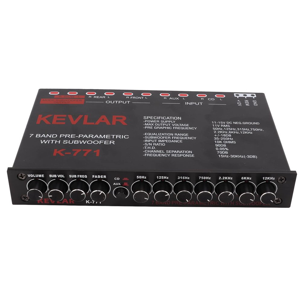 Car Audio Graphic Equalizer Adjustable 7-Band Low Pass High Level Input EQ for Stereo System, Universal Fit, Metal Material
