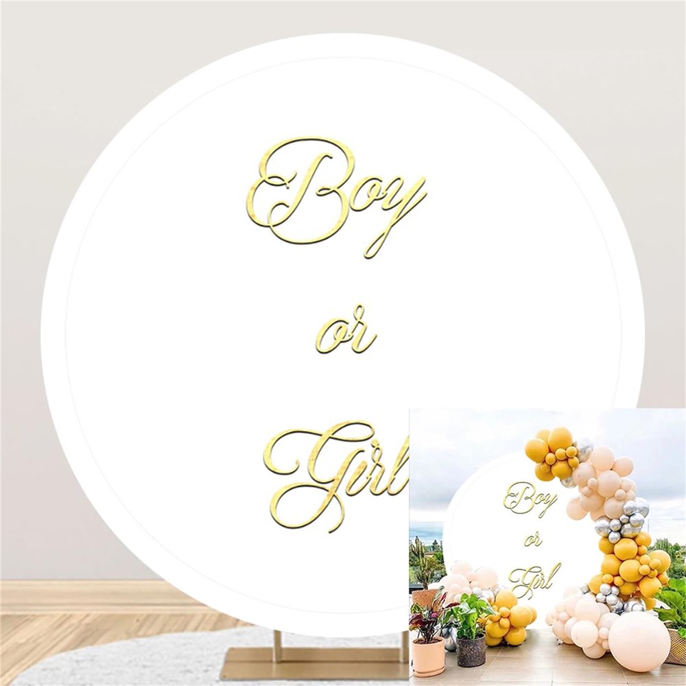 Polyester Diameter 7.5ft Plain White Gender Reveal Round Backdrop Cover for Boy or Girl Gold Font Photography Background He or She Pregnancy Mom Surprise Party Decoration Props