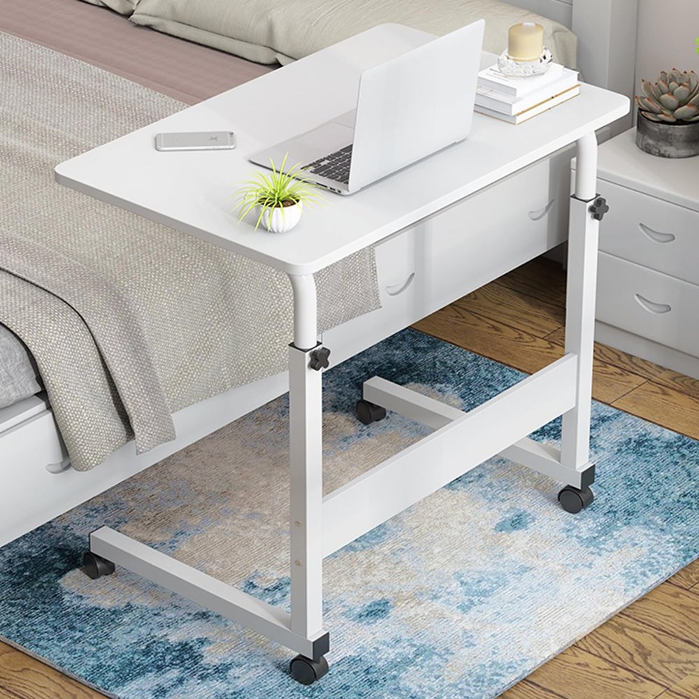 Adjustable Rolling Laptop Desk Stand with Wheels, Metal Frame, Height Adjustable - Brown, 80 * 40cm/31.4 * 1 - Portable Computer Stand for Bed, Breakfast, Coffee Table (Bianco 60*40cm/23.6*15.7in