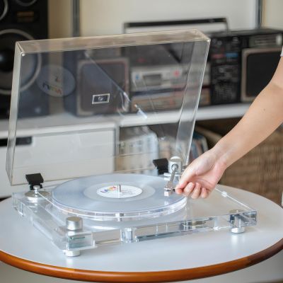 SINJEE Vinyl Record Player, Fully Transparent Record Player, Anti-Resonance, CNC Aluminum Alloy Platter,High Fidelity Turntables for Vinyl Player with Magnetic Cartridge AT-3600L, Belt Drive 2-Speed