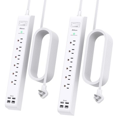 2 Pack Power Strip, 15FT Long Extension Cord, Surge Protector with 6 Outlets and 4 USB Charging Ports(2 USB C), Flat Plug Overload Protection, Wall Mount for Home Office Dorm College