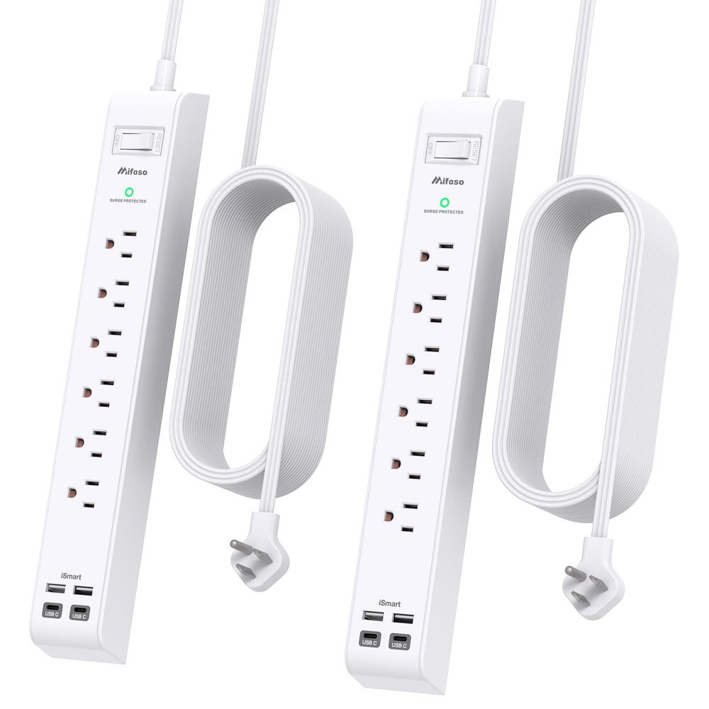 2 Pack Power Strip, 15FT Long Extension Cord, Surge Protector with 6 Outlets and 4 USB Charging Ports(2 USB C), Flat Plug Overload Protection, Wall Mount for Home Office Dorm College