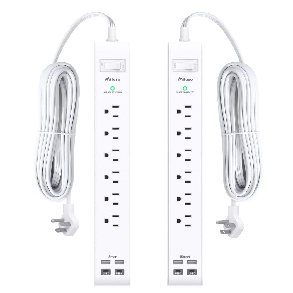2 Pack Power Strip, 12FT Long Extension Cord, Surge Protector with 6 Outlets and 4 USB Charging Ports(2 USB C), Flat Plug Overload Protection, Wall Mount for Home Office Dorm College