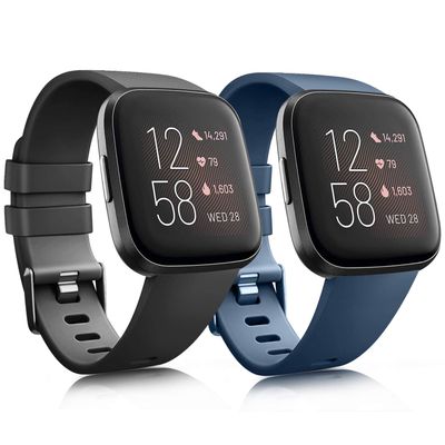 2 Pack Bands Compatible With Fitbit Versa/Versa 2 / Versa Lite/Versa SE, Classic Soft Silicone Sport Strap for Women Men (Black+Navy Blue, Small)