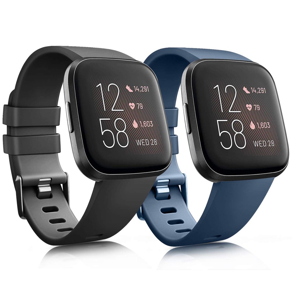 2 Pack Bands Compatible With Fitbit Versa/Versa 2 / Versa Lite/Versa SE, Classic Soft Silicone Sport Strap for Women Men (Black+Navy Blue, Small)