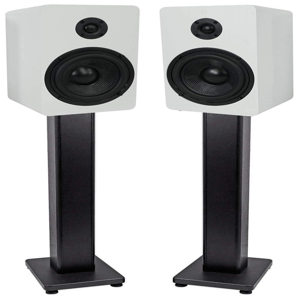 Rockville Bundle: (2) RockShelf 54W 360w White 5.25" Home Theater Bookshelf Speakers/4 Ohm Bundle with (2) RHTSB 36" Bookshelf Speaker Stands Surround Sound Home Theater (4 Items)