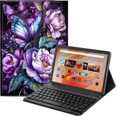 Qindaiwen Keyboard Case for Amazon Fire HD 10 Tablet (13th/11th Generation,2023/2021 Release) 10.1", PU Leather Stand Cover with Detachable Bluetooth Keyboard, Roses Butterflies