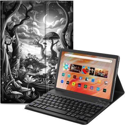 Qindaiwen Keyboard Case for Amazon Fire HD 10 Tablet (13th/11th Generation,2023/2021 Release) 10.1", PU Leather Stand Cover with Detachable Bluetooth Keyboard, Alien Forest Landscap