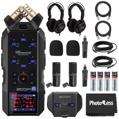 Zoom H6 Essential Handy Recorder Bundle with Podcast Mic Pack, XLR/TRS Capsule, Headphones, Tabletop Stands, Windscreens, Cables, AA Batteries