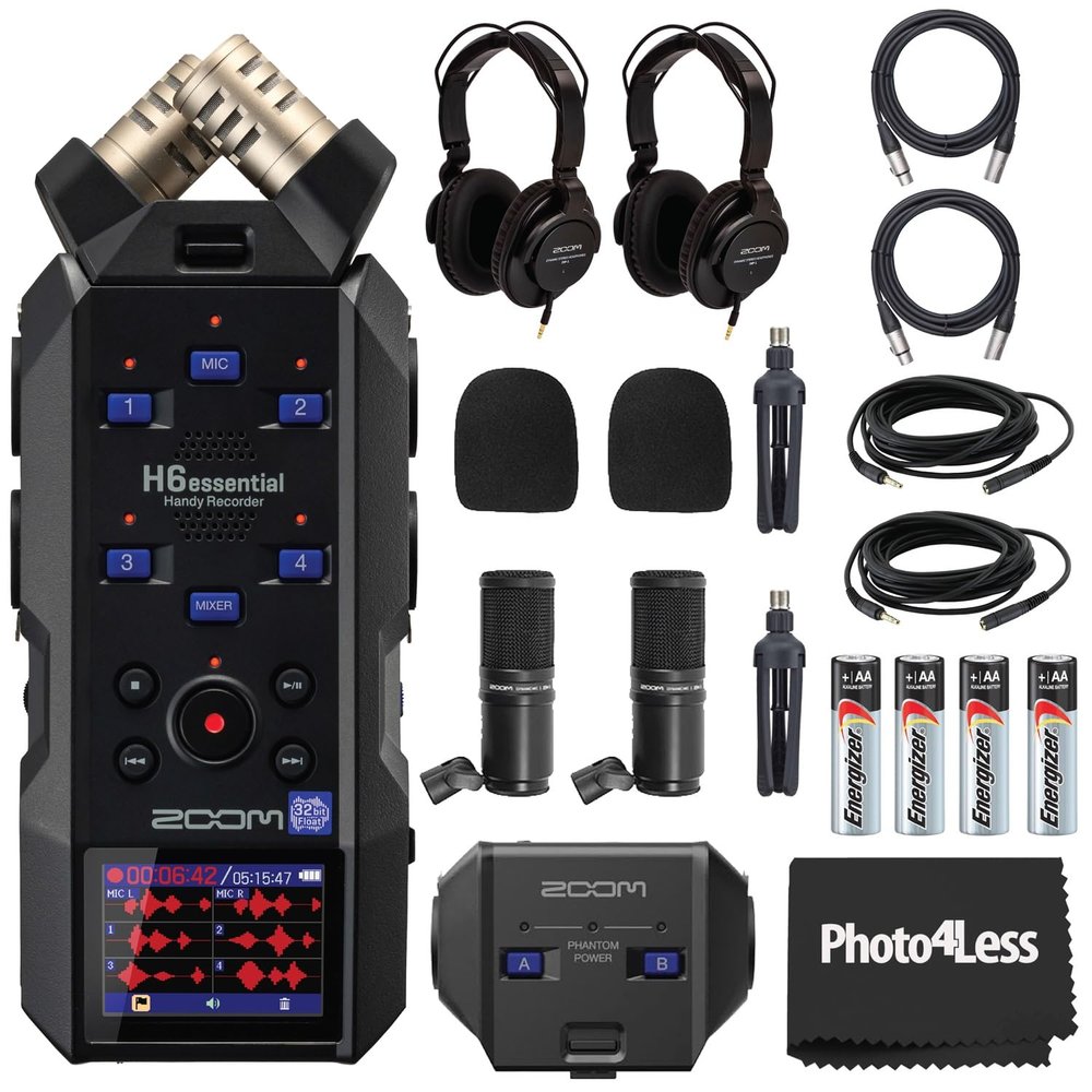Zoom H6 Essential Handy Recorder Bundle with Podcast Mic Pack, XLR/TRS Capsule, Headphones, Tabletop Stands, Windscreens, Cables, AA Batteries