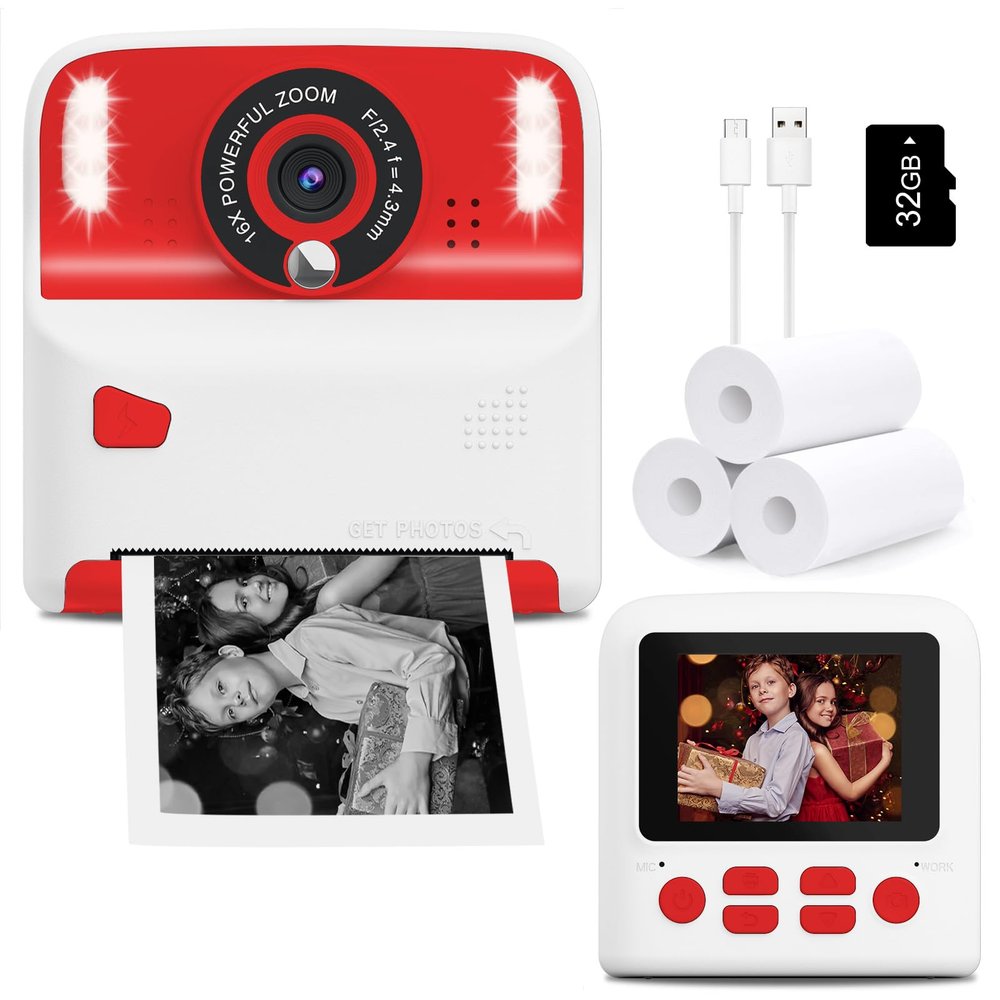 Amzelas Kids Instant Print Camera, Portable Toys Camera for Toddler, Print Black & White Photos Instantly, Ideal Birthday for Boys & Girls Ages 312 (White&Red)