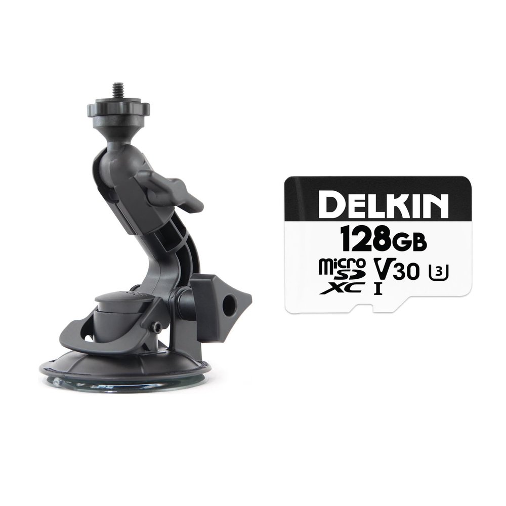 Delkin Devices Fat Gecko Mini Suction Camera Mount + Hyperspeed 128GB Micro SD Card with Adapter, Up to 100MB/s Read