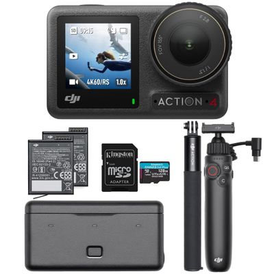DJI Osmo Action 4 Camera Adventure Combo with Osmo Action Multifunctional Charging Handle and 128GB SD Memory Card Bundle (3 Items)