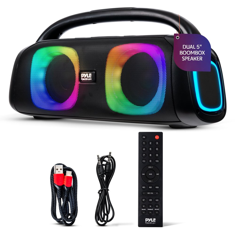 Pyle 160W Dual 5-Inch Bluetooth Boombox Speaker with True Wireless Stereo  Deep Bass, Crisp Treble, LED Display, Built-in Rechargeable Batteries  Large Portable Bluetooth Speaker
