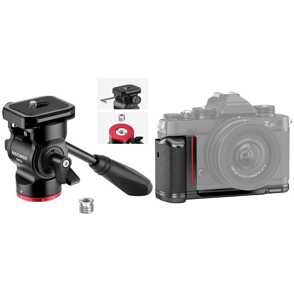 NEEWER GM24 Tripod Fluid Head Pan Tilt Head with Quick Release Plate and Handle, Metal Camera Tripod Head Compatible with Arca Swiss for Compact Cameras DSLR, CA076 Zfc Handgrip L Shape Grip Included