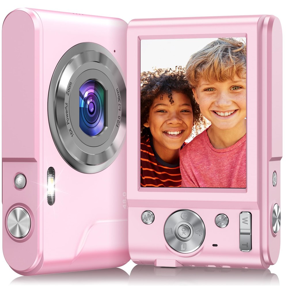 Digital Camera, 1080P 48MP Autofocus Digital Camera for Kids with 2 Batteries, 16X Digital Zoom, Compact Small Point and Shoot Digital Camera for Boys Girls Teens Children Beginner,Pink