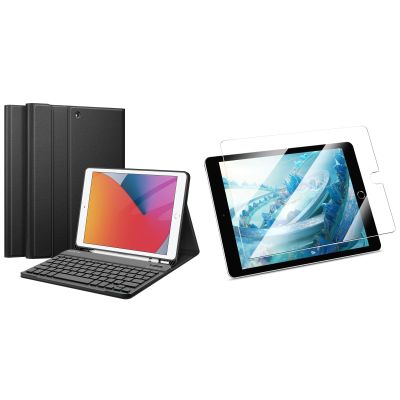 Fintie Keyboard Case with Pocket for iPad 9th/8th/7th Gen Bundle with Anti-Scratch Tempered Glass Screen Protector