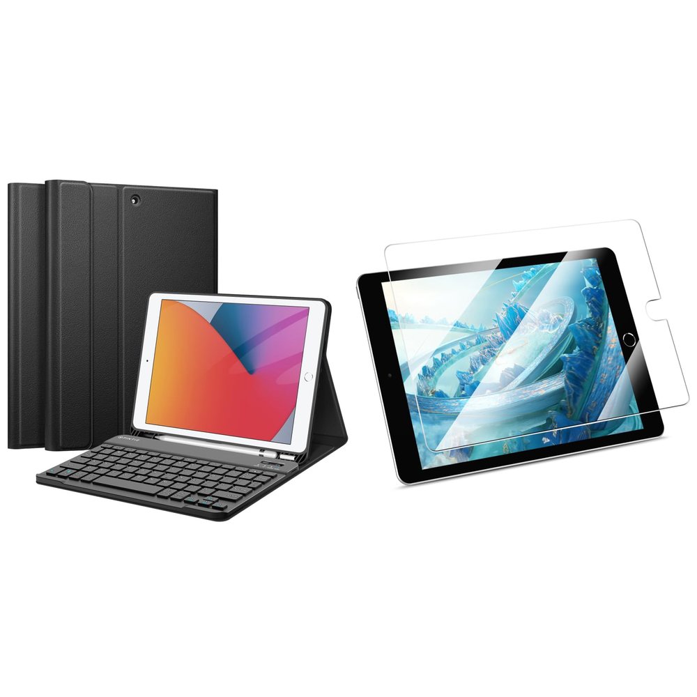 Fintie Keyboard Case with Pocket for iPad 9th/8th/7th Gen Bundle with Anti-Scratch Tempered Glass Screen Protector
