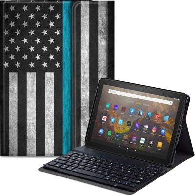 Qindaiwen Keyboard Case for All-New Amazon Fire HD 8/8 Plus (12th Generation/10th Generation, 2024/2022/2020 Release), PU Leather Stand Cover with Detachable Bluetooth Keyboard, American Flag 02