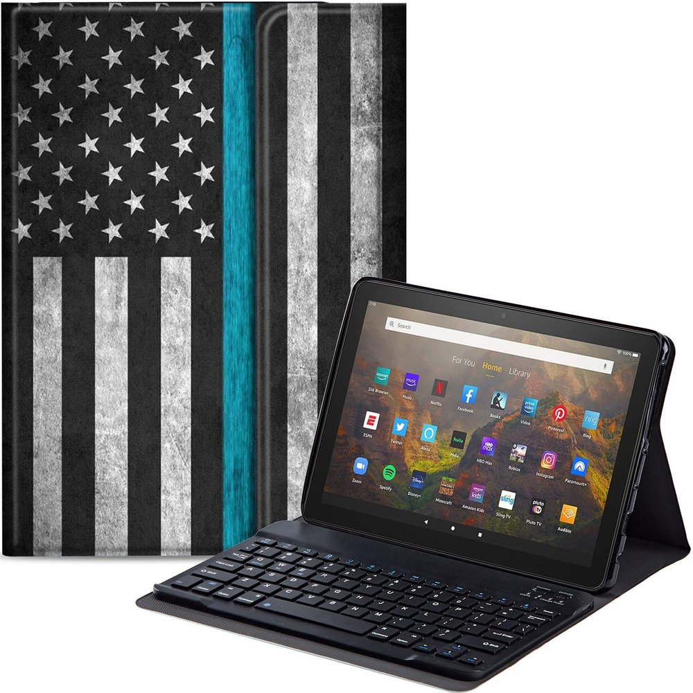 Qindaiwen Keyboard Case for All-New Amazon Fire HD 8/8 Plus (12th Generation/10th Generation, 2024/2022/2020 Release), PU Leather Stand Cover with Detachable Bluetooth Keyboard, American Flag 02