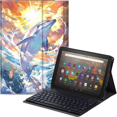Qindaiwen Keyboard Case for All-New Amazon Fire HD 8/8 Plus (12th Generation/10th Generation, 2024/2022/2020 Release), PU Leather Stand Cover with Detachable Bluetooth Keyboard, Dolphin
