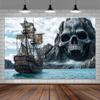 10X8ft Pirate Theme Photo Backdrop Photography Background, Treasure Chest Map Skull Gun Halloween Pirate Ship Trunk or Treat Backdrops Photo Booth Prop Decorations Wall Decor Tablecloth view 1